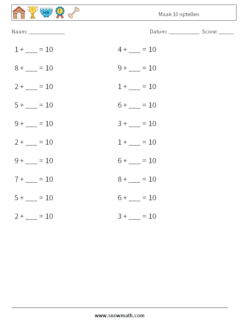 (20) Maak 10 optellen Wiskundige werkbladen 4
