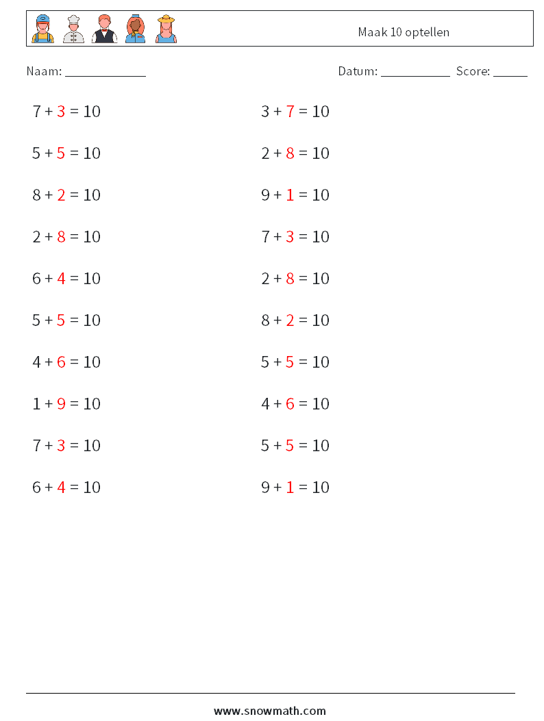 (20) Maak 10 optellen Wiskundige werkbladen 5 Vraag, Antwoord