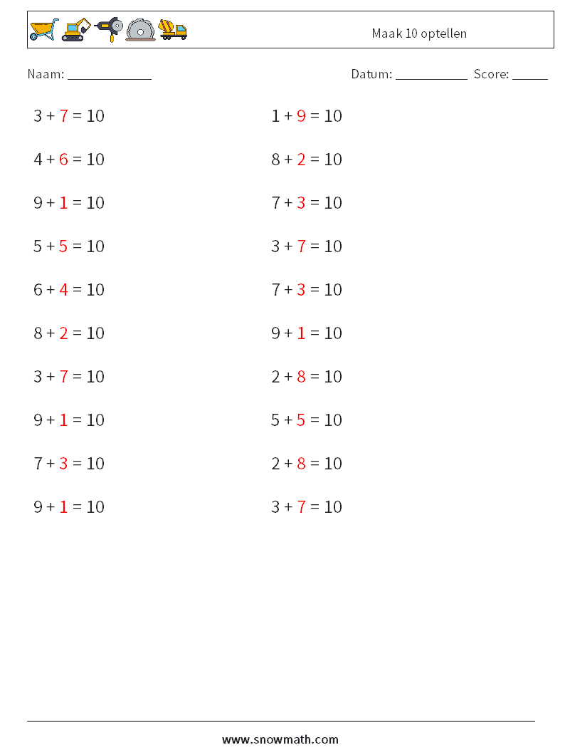 (20) Maak 10 optellen Wiskundige werkbladen 6 Vraag, Antwoord