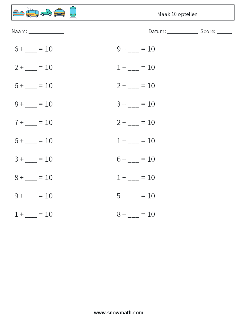 (20) Maak 10 optellen Wiskundige werkbladen 7