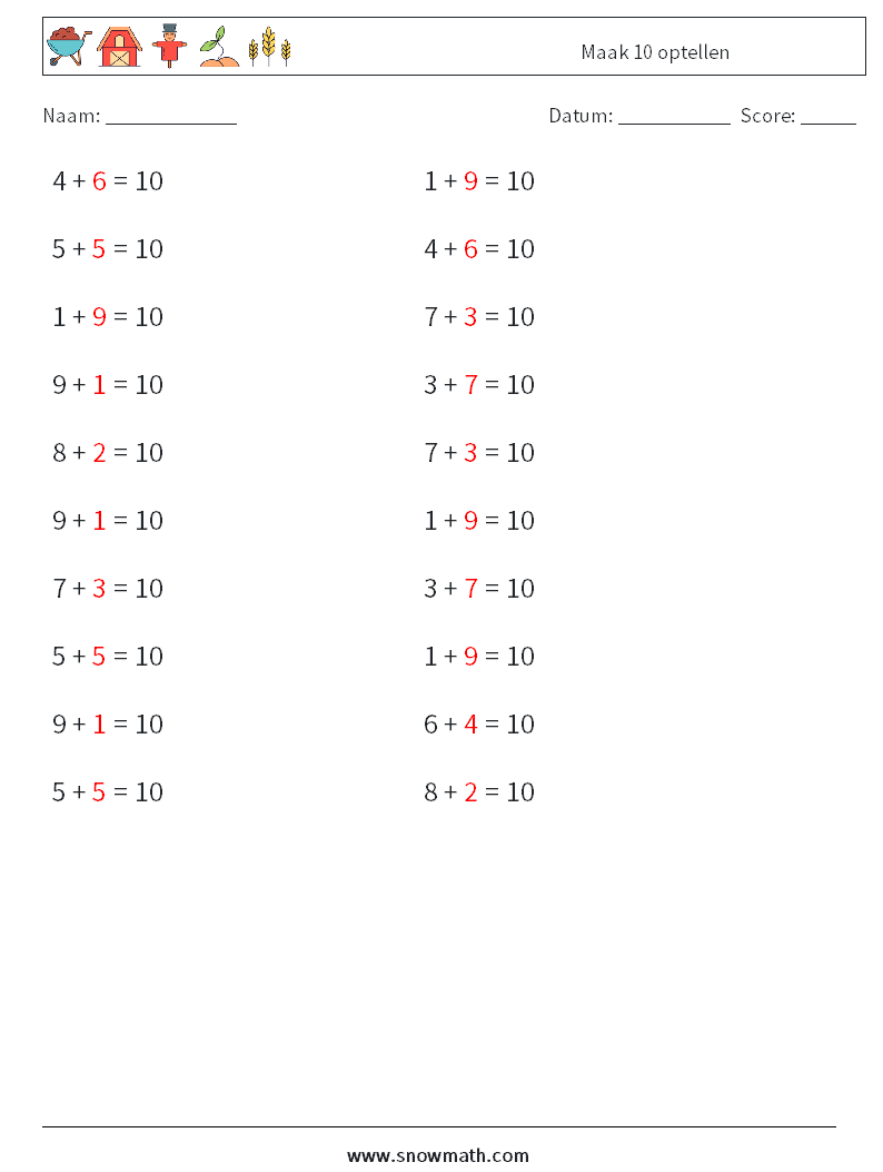 (20) Maak 10 optellen Wiskundige werkbladen 8 Vraag, Antwoord