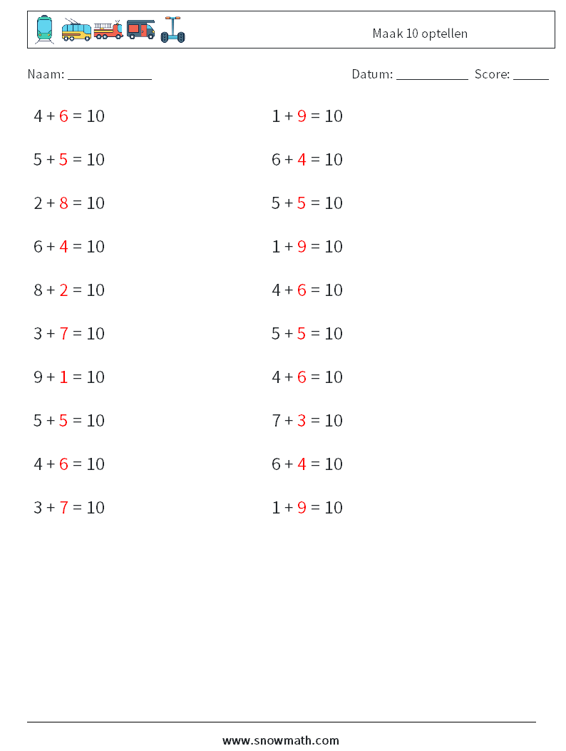 (20) Maak 10 optellen Wiskundige werkbladen 9 Vraag, Antwoord