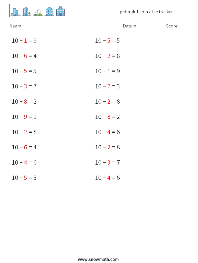 (20) gebruik 10 om af te trekken Wiskundige werkbladen 1 Vraag, Antwoord
