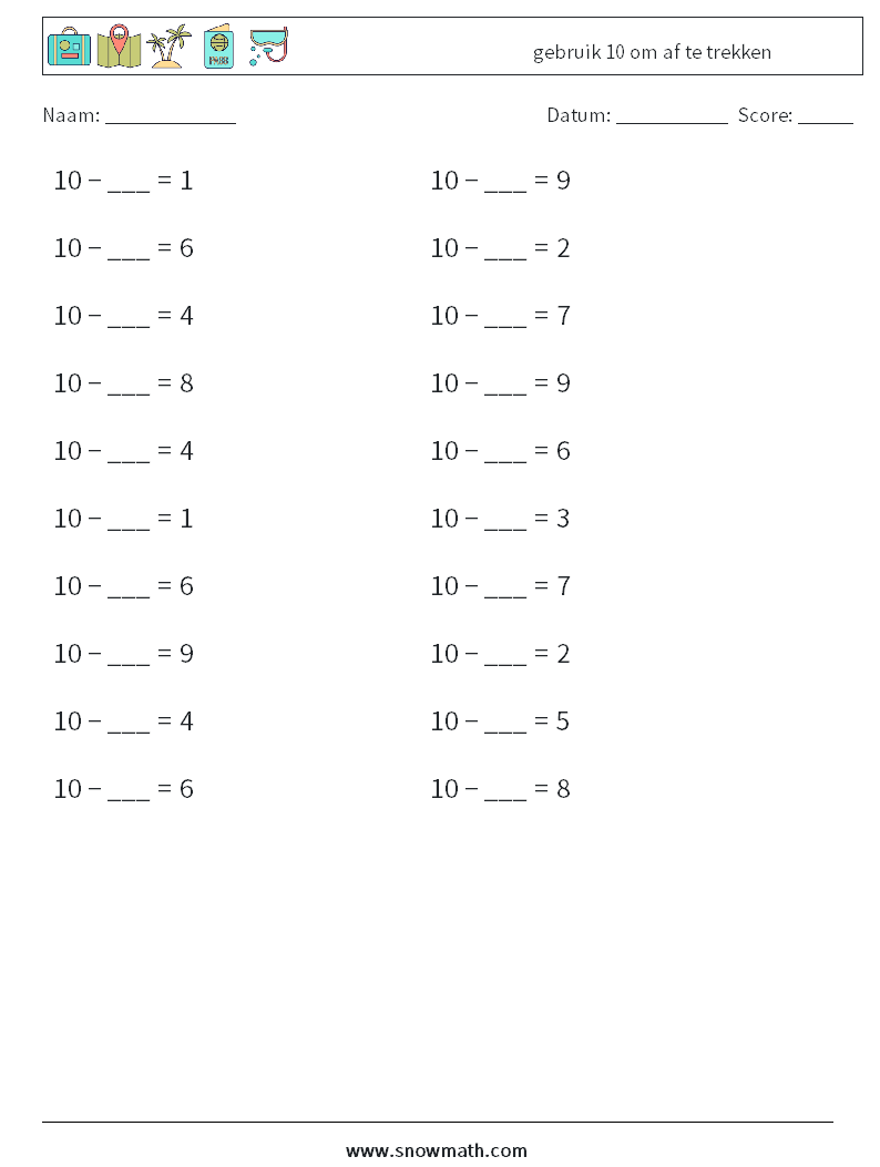 (20) gebruik 10 om af te trekken Wiskundige werkbladen 2