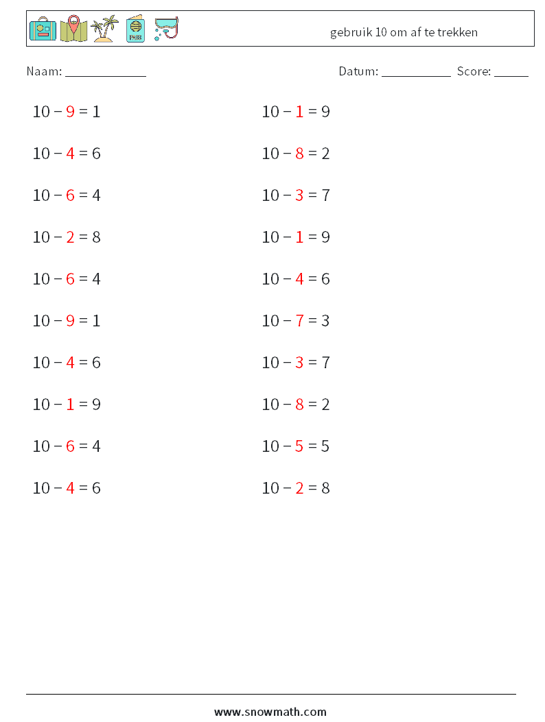 (20) gebruik 10 om af te trekken Wiskundige werkbladen 2 Vraag, Antwoord