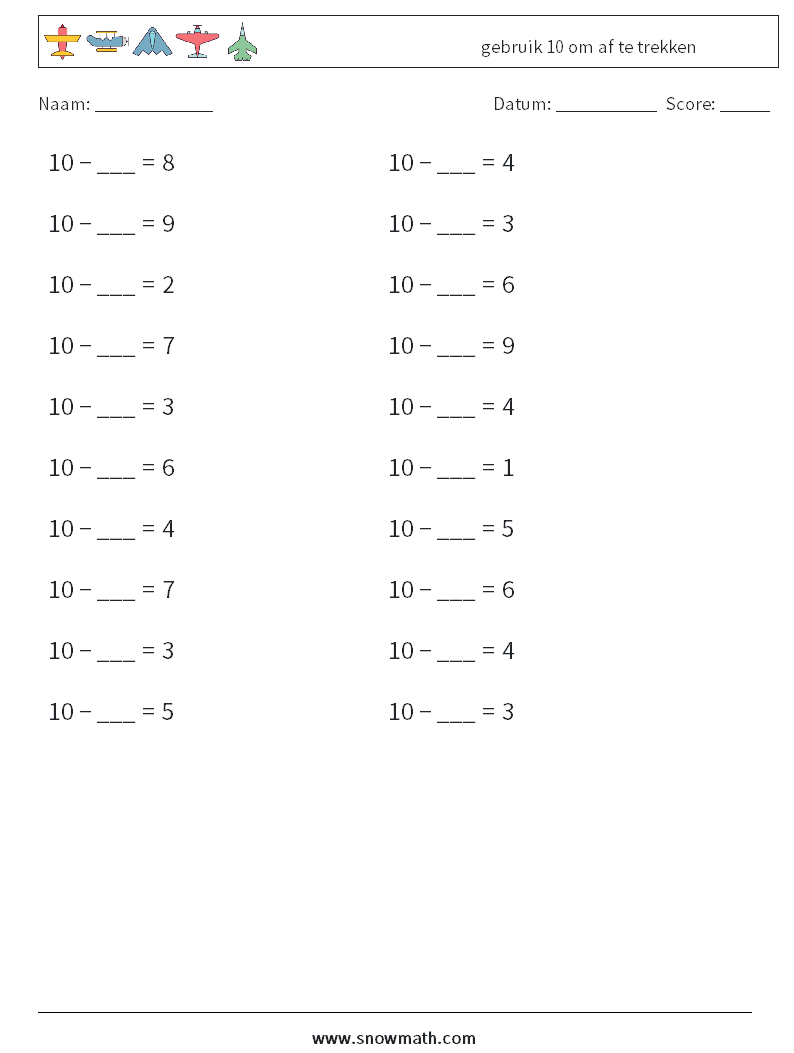 (20) gebruik 10 om af te trekken Wiskundige werkbladen 3