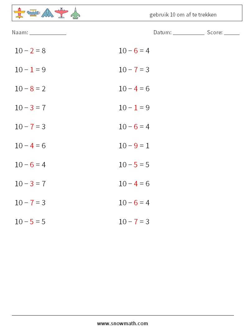 (20) gebruik 10 om af te trekken Wiskundige werkbladen 3 Vraag, Antwoord