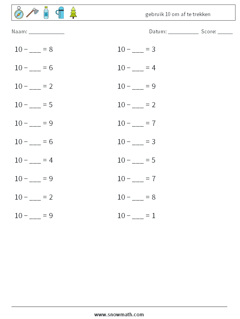 (20) gebruik 10 om af te trekken Wiskundige werkbladen 4
