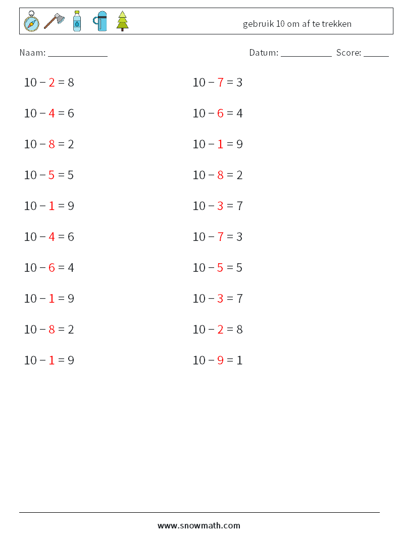 (20) gebruik 10 om af te trekken Wiskundige werkbladen 4 Vraag, Antwoord