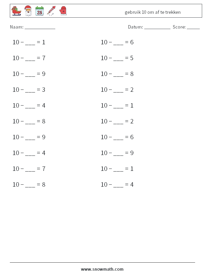 (20) gebruik 10 om af te trekken Wiskundige werkbladen 5
