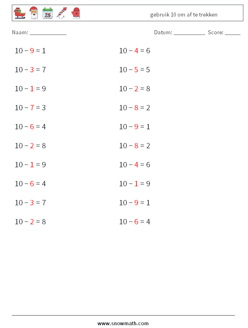 (20) gebruik 10 om af te trekken Wiskundige werkbladen 5 Vraag, Antwoord