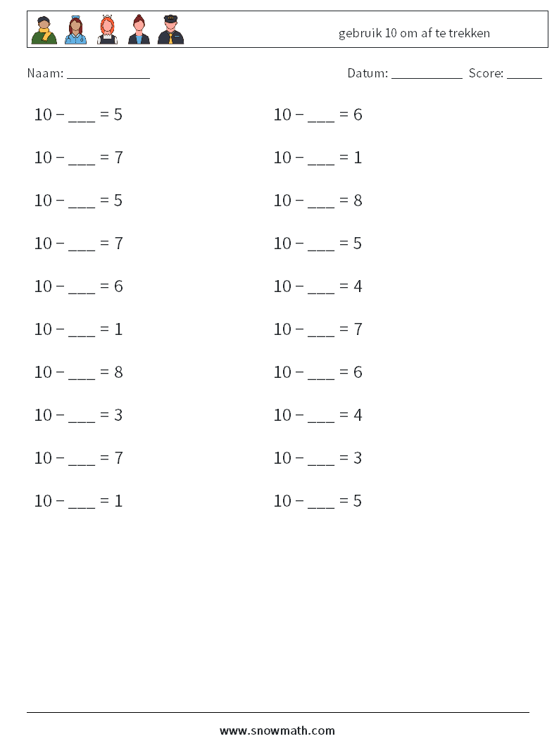 (20) gebruik 10 om af te trekken Wiskundige werkbladen 6