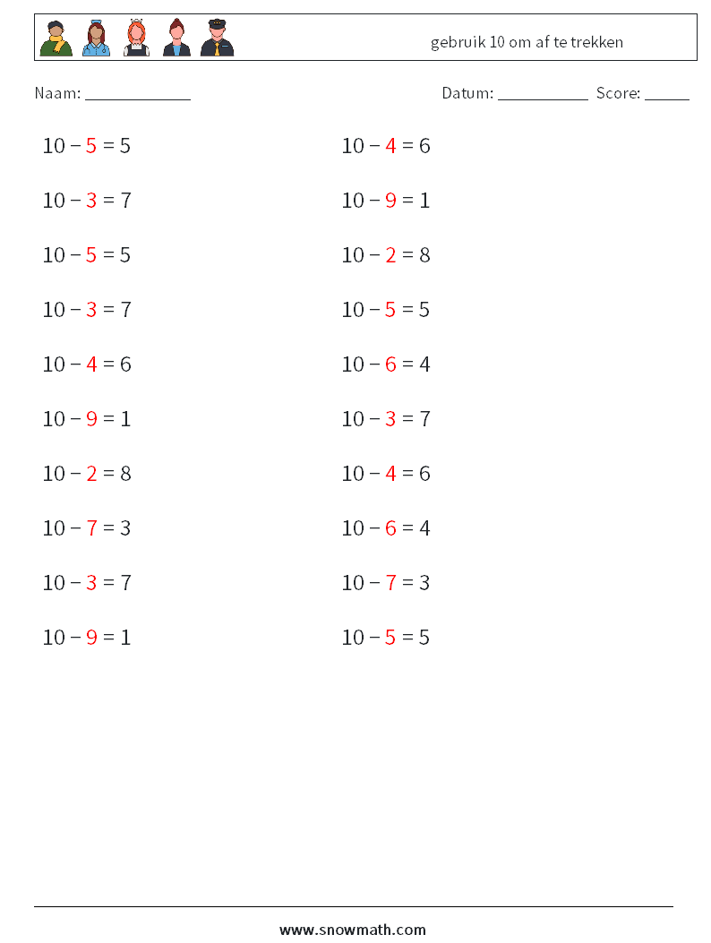 (20) gebruik 10 om af te trekken Wiskundige werkbladen 6 Vraag, Antwoord