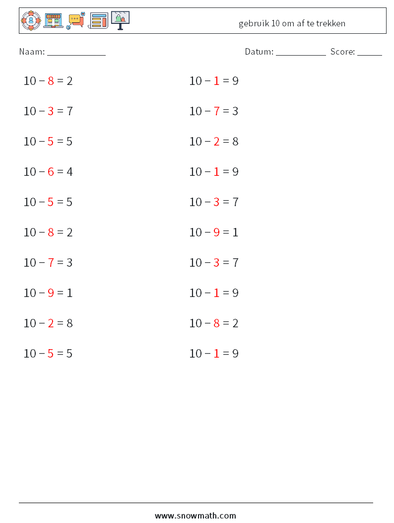 (20) gebruik 10 om af te trekken Wiskundige werkbladen 7 Vraag, Antwoord