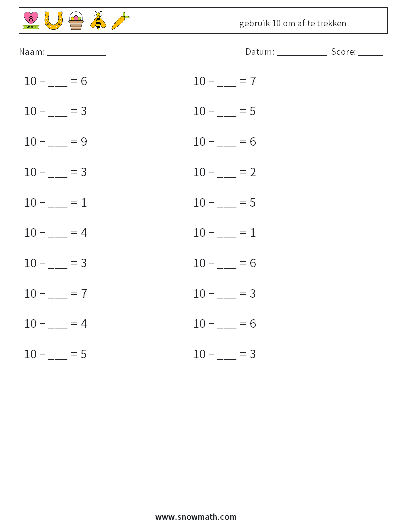 (20) gebruik 10 om af te trekken Wiskundige werkbladen 8