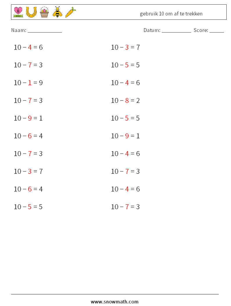 (20) gebruik 10 om af te trekken Wiskundige werkbladen 8 Vraag, Antwoord