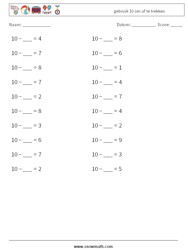 (20) gebruik 10 om af te trekken Wiskundige werkbladen 9