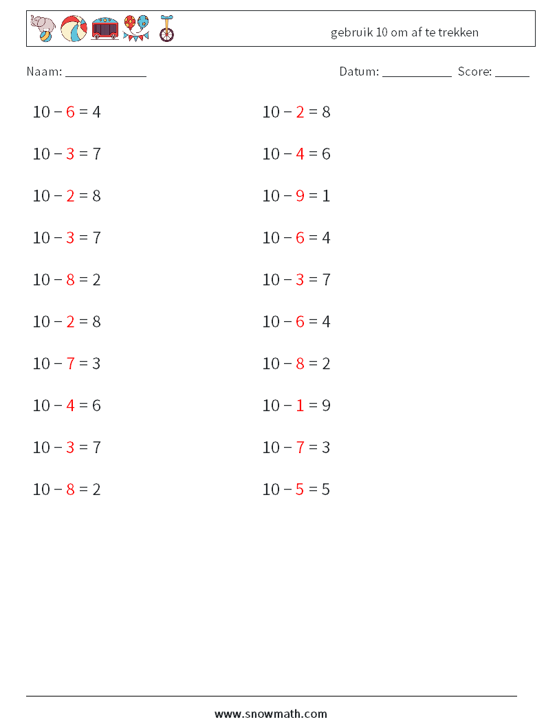 (20) gebruik 10 om af te trekken Wiskundige werkbladen 9 Vraag, Antwoord