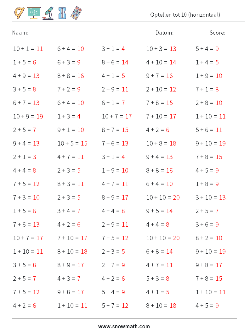 (100) Optellen tot 10 (horizontaal) Wiskundige werkbladen 1 Vraag, Antwoord