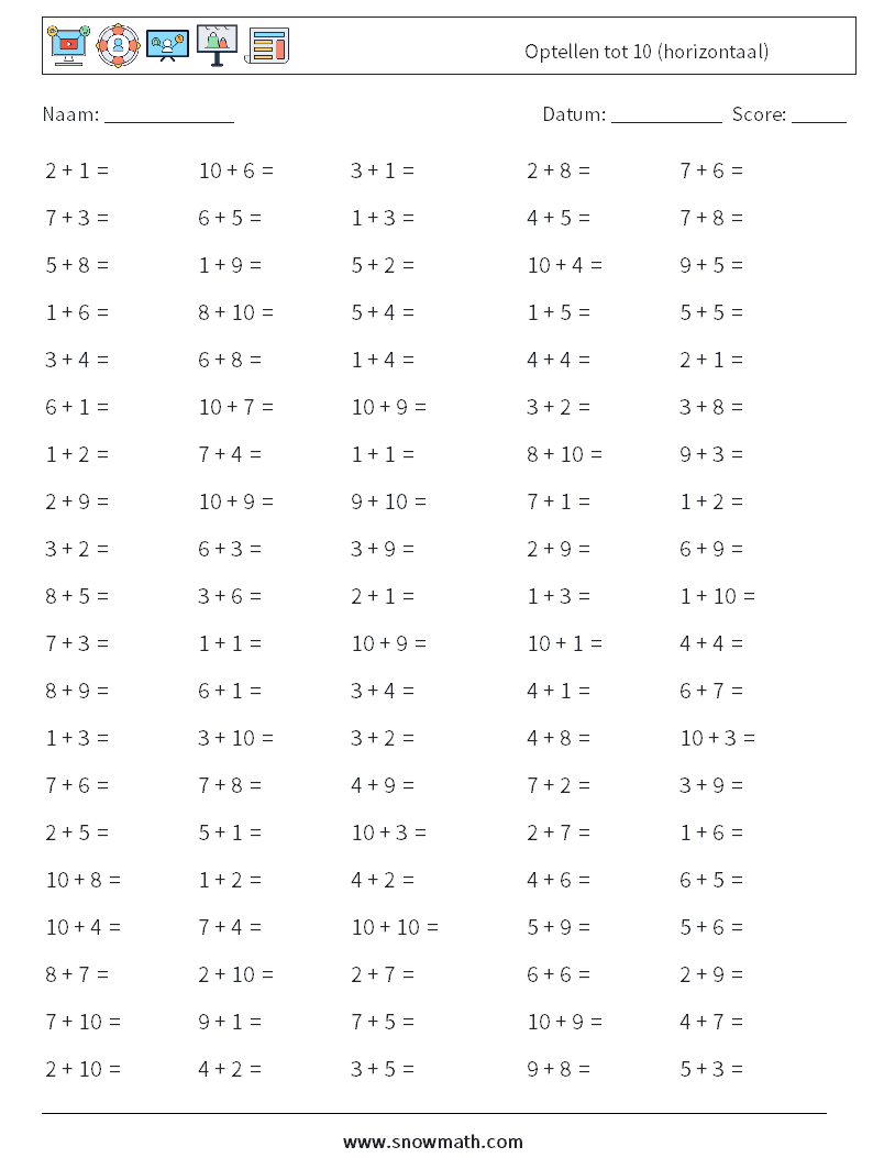 (100) Optellen tot 10 (horizontaal) Wiskundige werkbladen 2