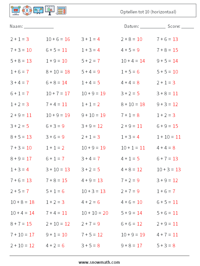 (100) Optellen tot 10 (horizontaal) Wiskundige werkbladen 2 Vraag, Antwoord