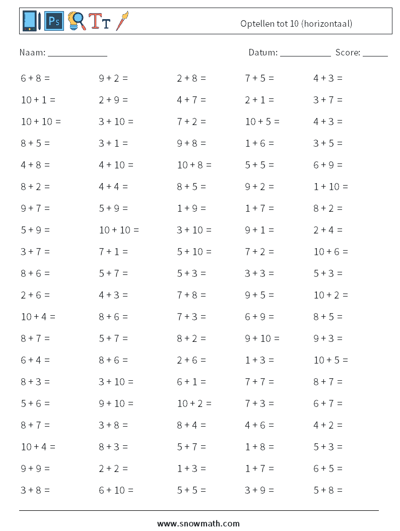 (100) Optellen tot 10 (horizontaal) Wiskundige werkbladen 3