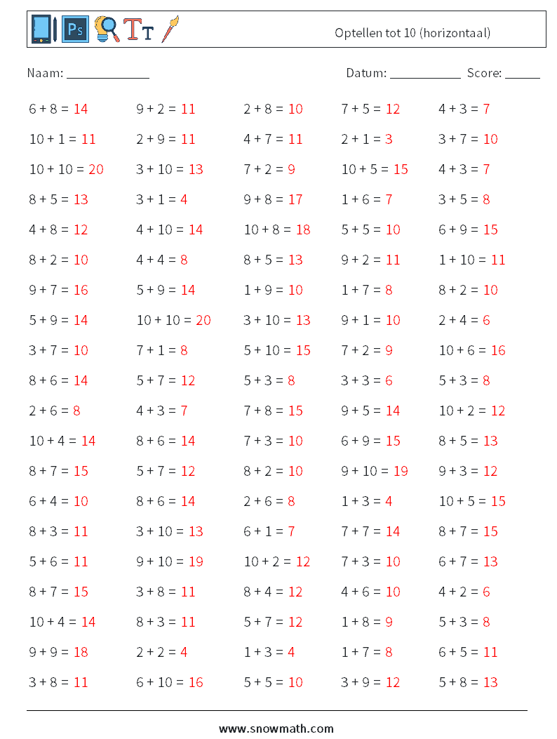 (100) Optellen tot 10 (horizontaal) Wiskundige werkbladen 3 Vraag, Antwoord