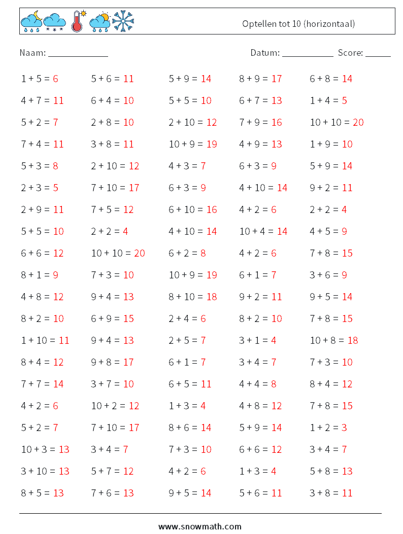 (100) Optellen tot 10 (horizontaal) Wiskundige werkbladen 4 Vraag, Antwoord