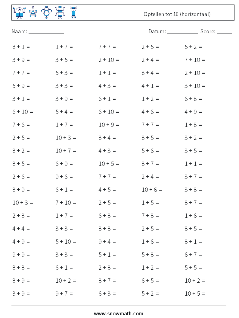 (100) Optellen tot 10 (horizontaal) Wiskundige werkbladen 5