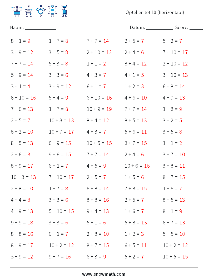 (100) Optellen tot 10 (horizontaal) Wiskundige werkbladen 5 Vraag, Antwoord