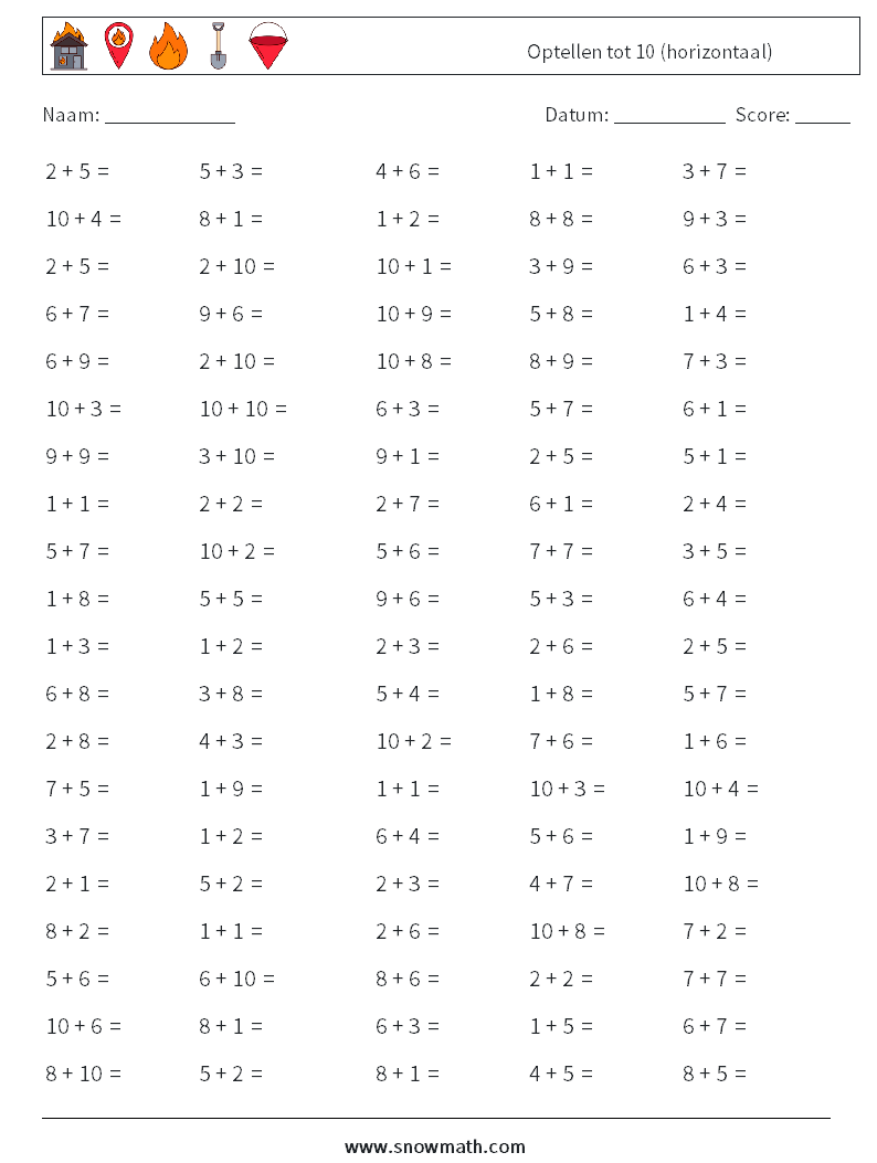 (100) Optellen tot 10 (horizontaal) Wiskundige werkbladen 6