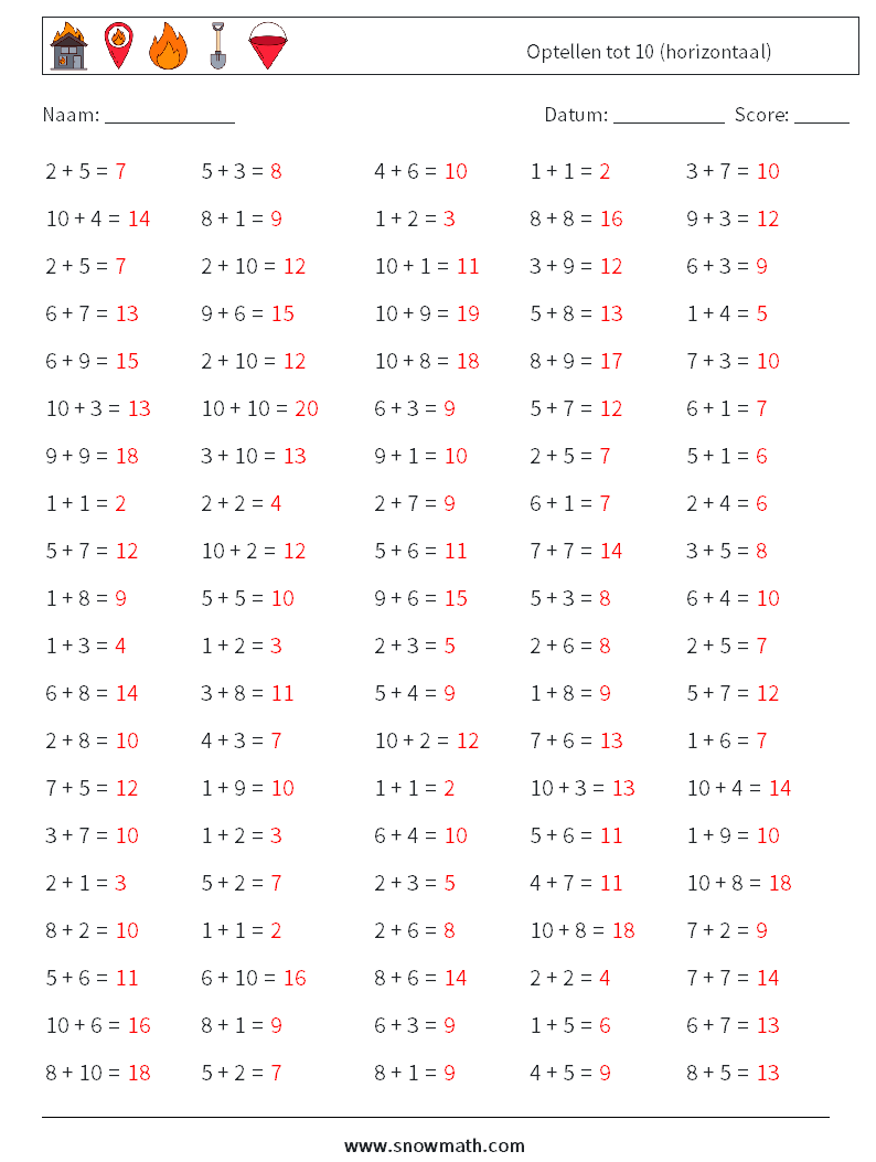 (100) Optellen tot 10 (horizontaal) Wiskundige werkbladen 6 Vraag, Antwoord