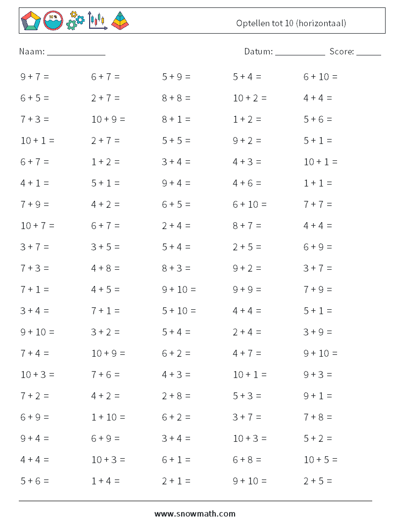 (100) Optellen tot 10 (horizontaal) Wiskundige werkbladen 7