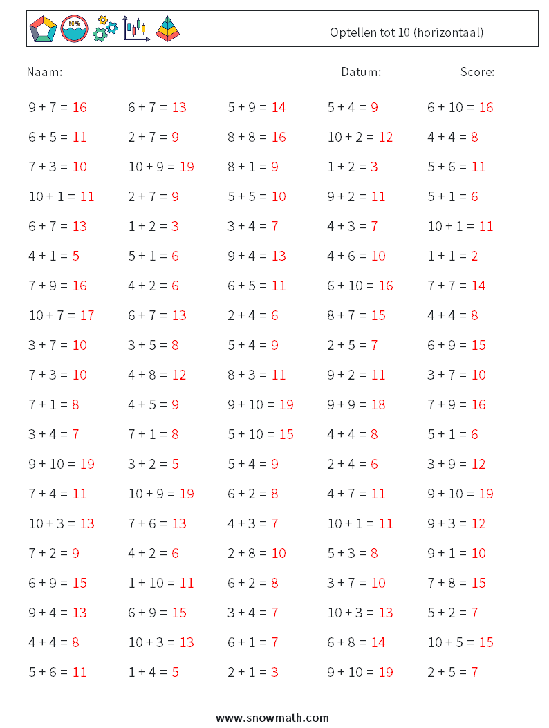 (100) Optellen tot 10 (horizontaal) Wiskundige werkbladen 7 Vraag, Antwoord