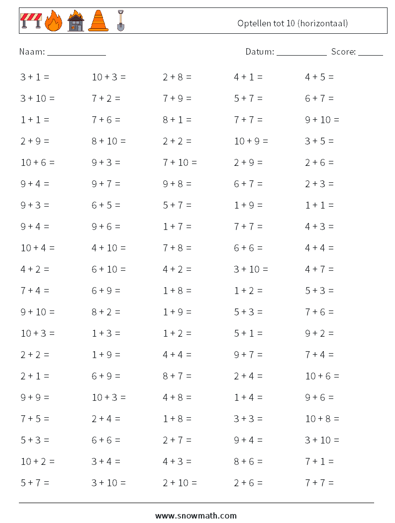(100) Optellen tot 10 (horizontaal) Wiskundige werkbladen 8