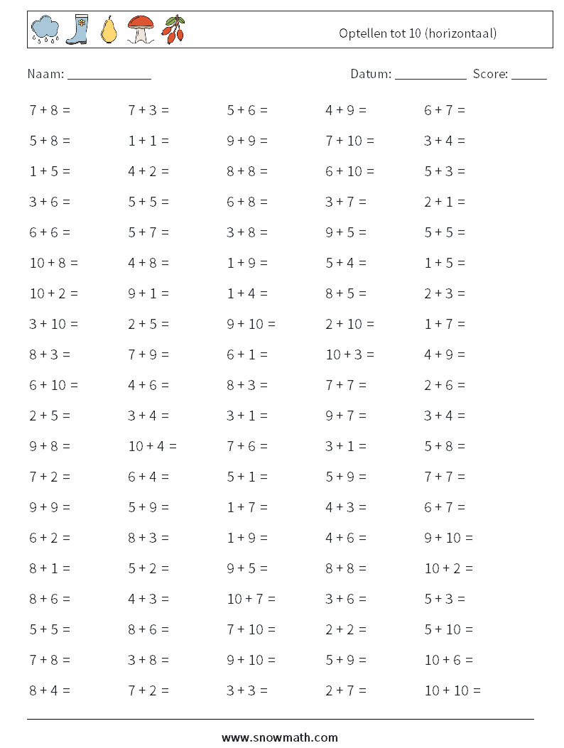 (100) Optellen tot 10 (horizontaal) Wiskundige werkbladen 9