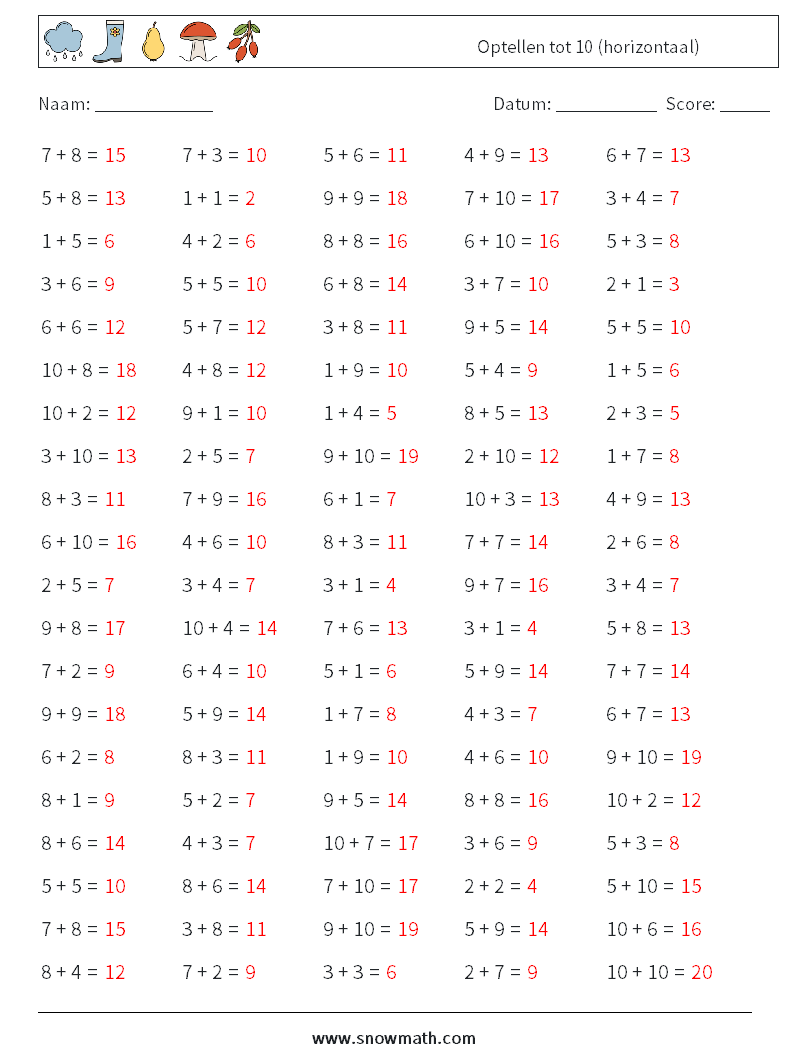 (100) Optellen tot 10 (horizontaal) Wiskundige werkbladen 9 Vraag, Antwoord