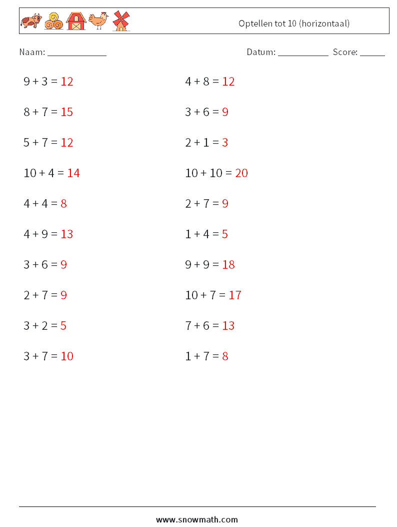 (20) Optellen tot 10 (horizontaal) Wiskundige werkbladen 1 Vraag, Antwoord