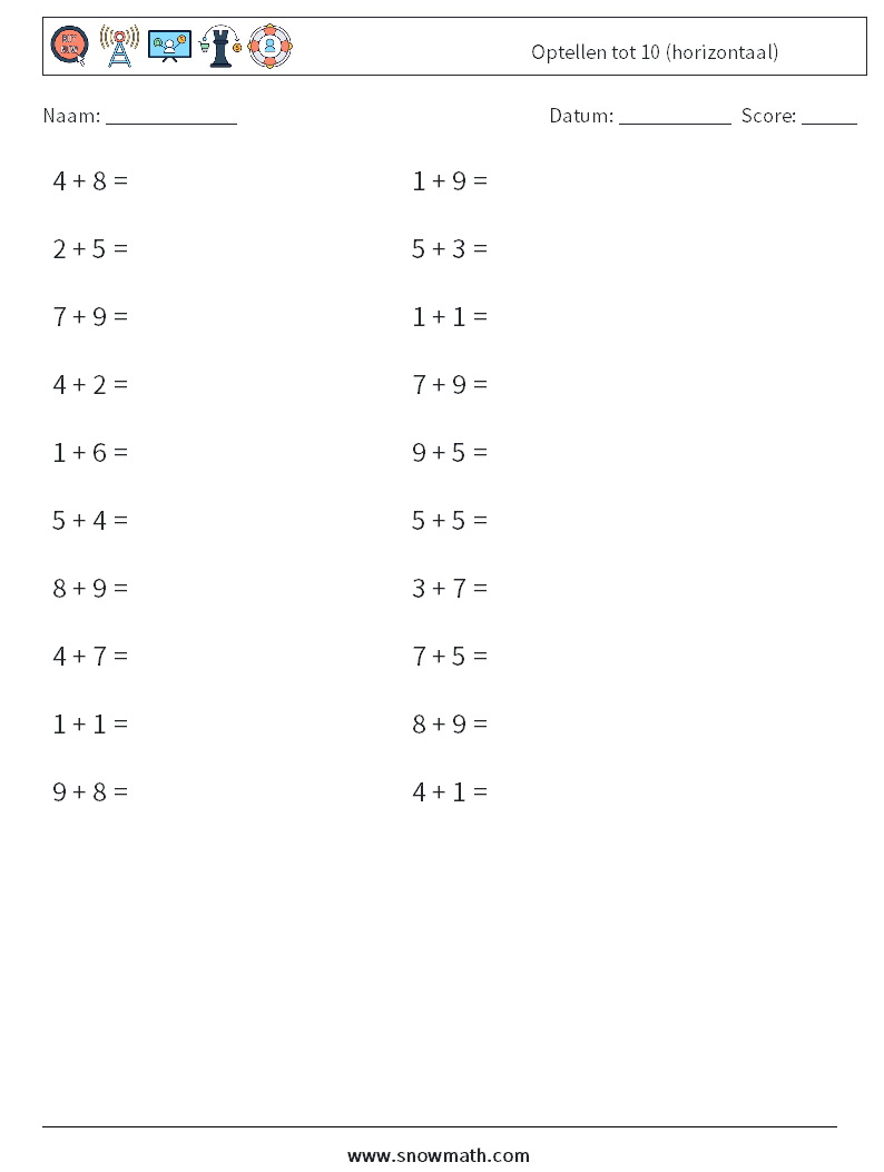 (20) Optellen tot 10 (horizontaal) Wiskundige werkbladen 2