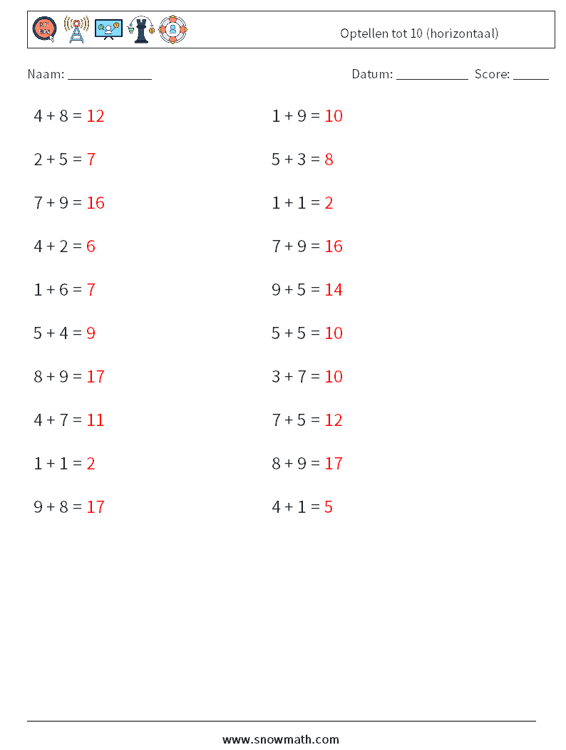 (20) Optellen tot 10 (horizontaal) Wiskundige werkbladen 2 Vraag, Antwoord