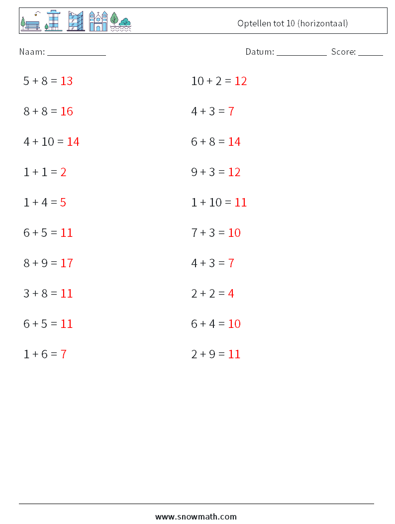 (20) Optellen tot 10 (horizontaal) Wiskundige werkbladen 3 Vraag, Antwoord