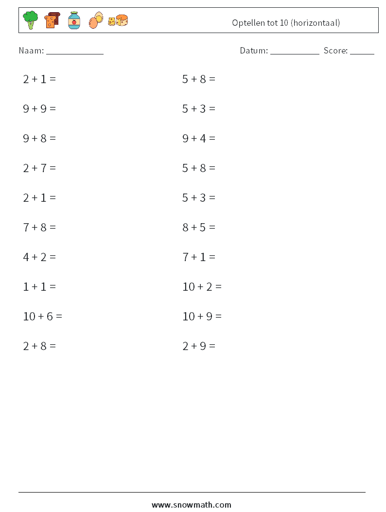 (20) Optellen tot 10 (horizontaal) Wiskundige werkbladen 4