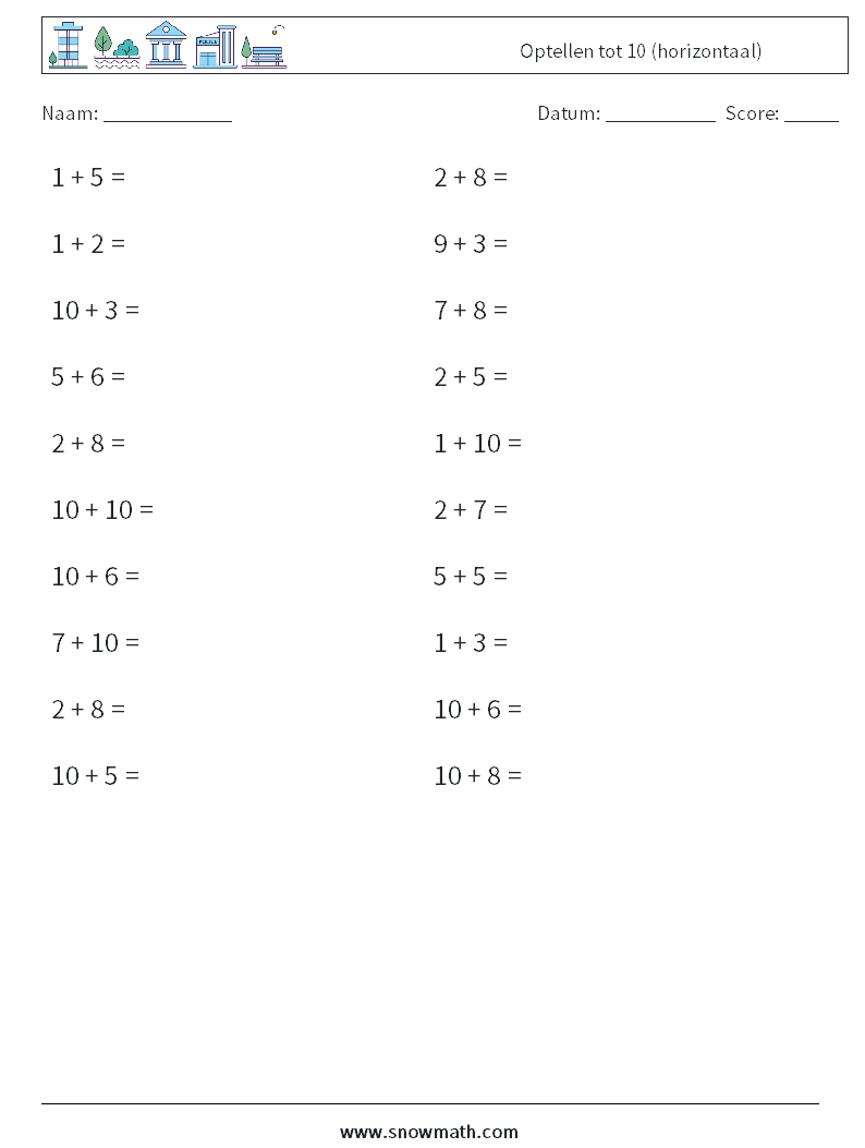 (20) Optellen tot 10 (horizontaal) Wiskundige werkbladen 5
