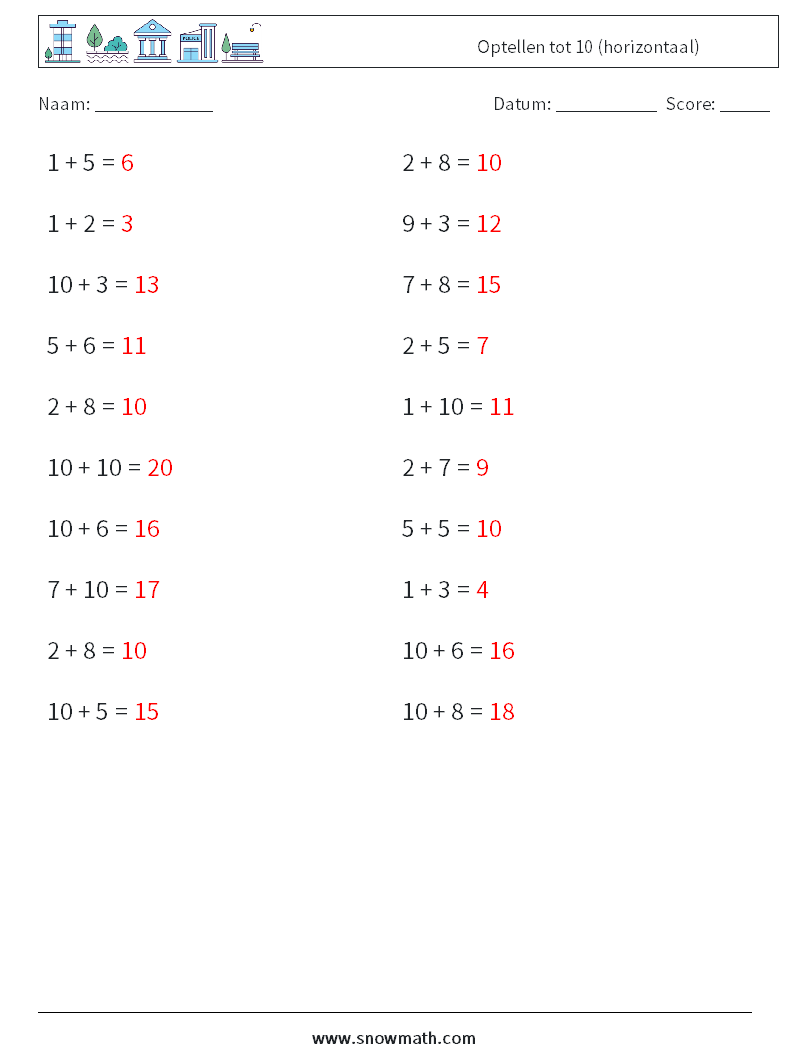 (20) Optellen tot 10 (horizontaal) Wiskundige werkbladen 5 Vraag, Antwoord