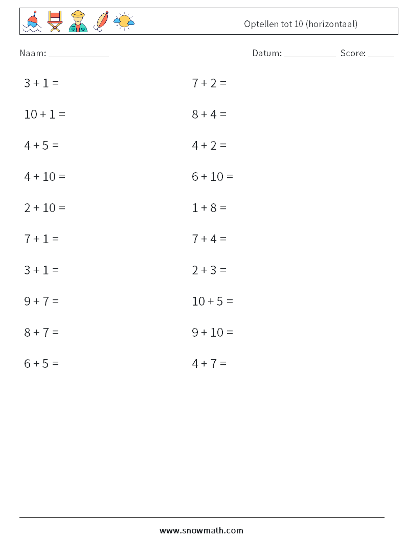 (20) Optellen tot 10 (horizontaal) Wiskundige werkbladen 6