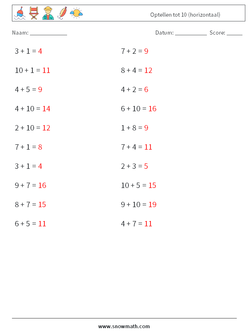 (20) Optellen tot 10 (horizontaal) Wiskundige werkbladen 6 Vraag, Antwoord