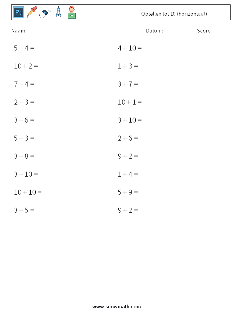 (20) Optellen tot 10 (horizontaal) Wiskundige werkbladen 7