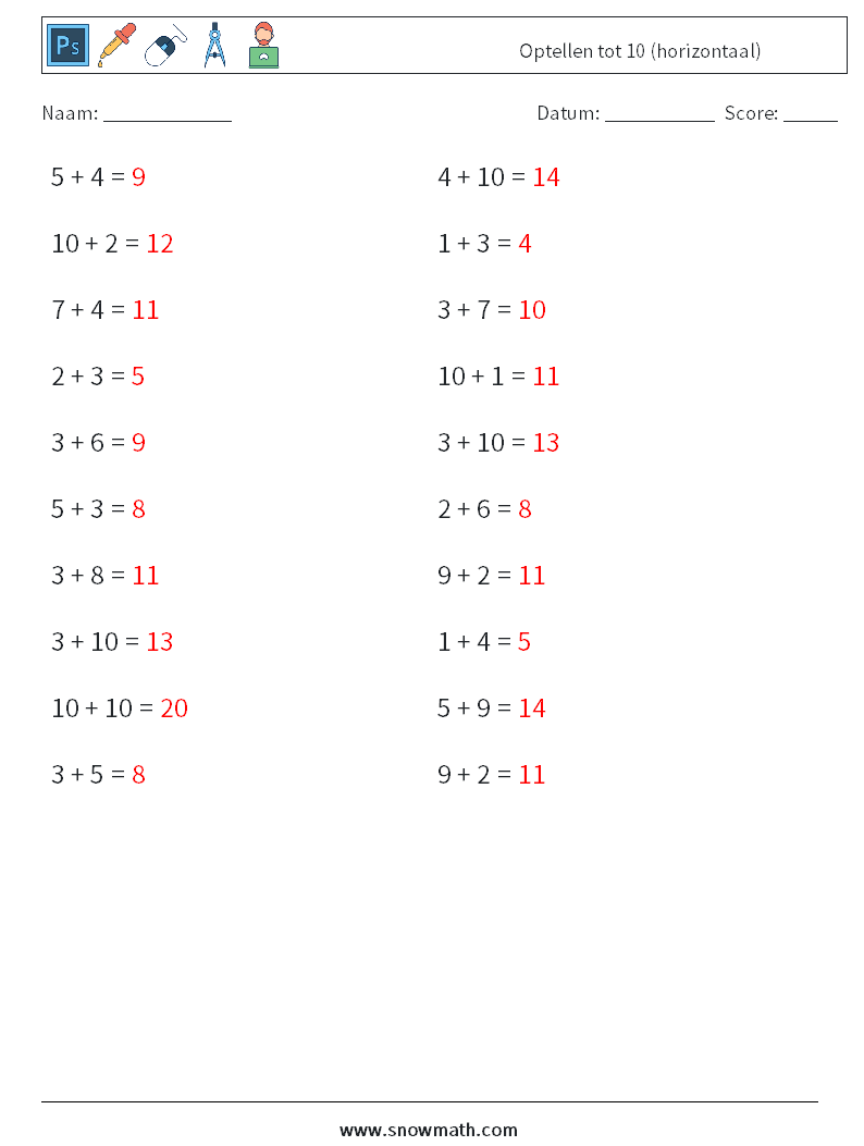 (20) Optellen tot 10 (horizontaal) Wiskundige werkbladen 7 Vraag, Antwoord