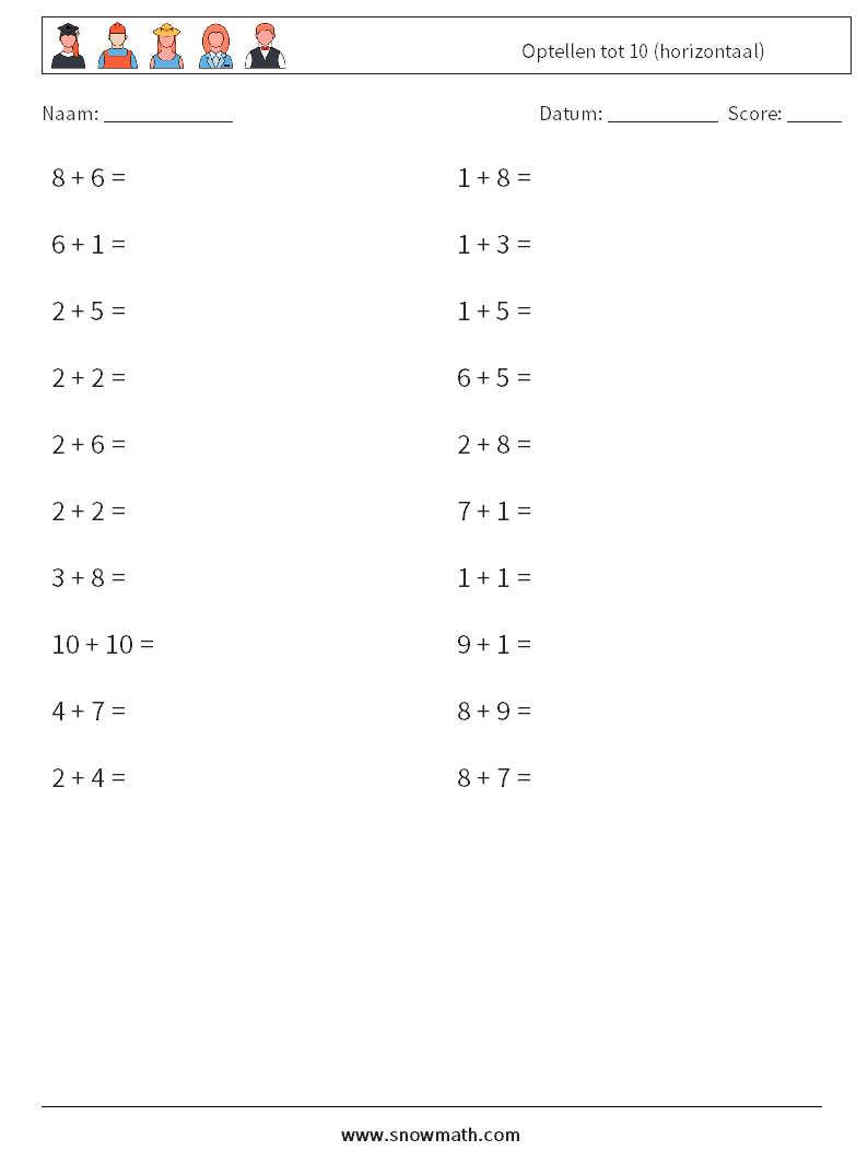 (20) Optellen tot 10 (horizontaal) Wiskundige werkbladen 8