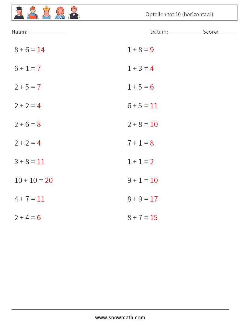 (20) Optellen tot 10 (horizontaal) Wiskundige werkbladen 8 Vraag, Antwoord